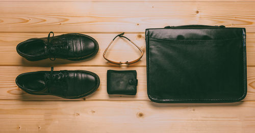 High angle view of personal accessories on table