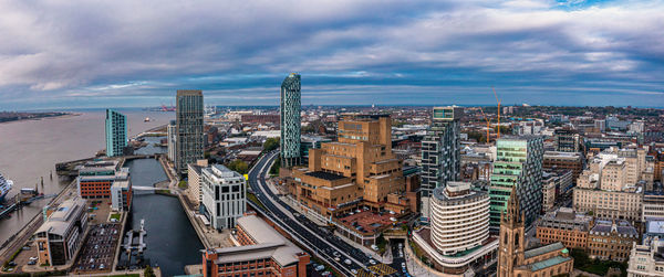 Aerial view of the liverpool skyline in united kingdom