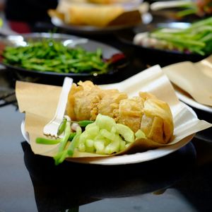 Close-up of serving food in plate