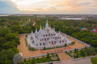 High angle view of temple against sky during sunset