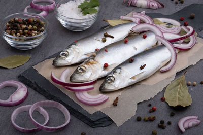 High angle view of seafood on table