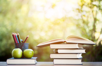 Stack of books on table