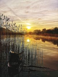 Scenic view of lake against sky during sunset