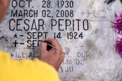 Close-up of hand holding text