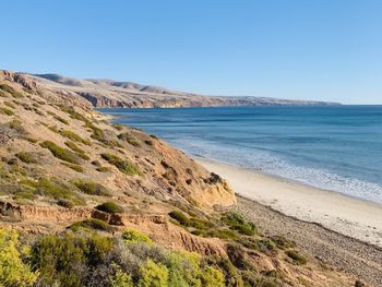 Scenic view of sea against clear blue sky