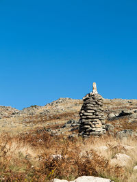 View of rock formation against clear blue sky