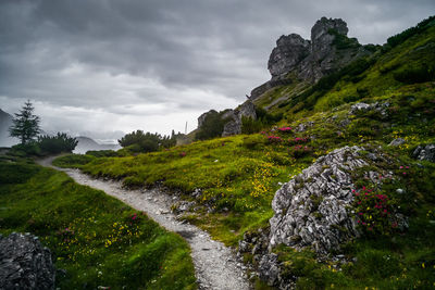 Scenic view of waterfall against sky