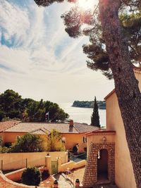 High angle view of trees and buildings against sky