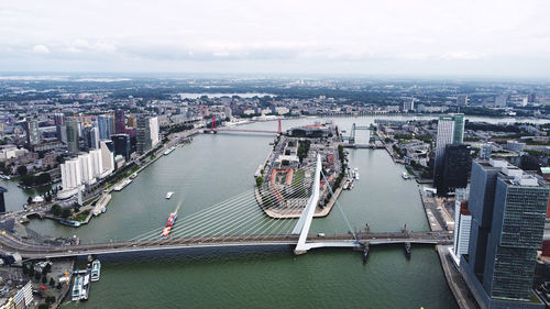 High angle view of bridge and buildings in city