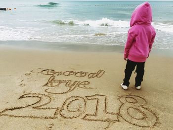 Rear view of child standing on beach