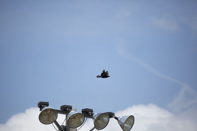 Crow flying above field lights in partially cloudy weather