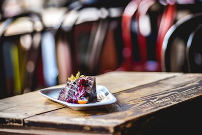 Close-up of dessert in plate on table