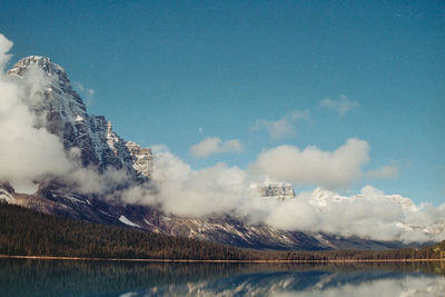 Panoramic view of lake and mountains against blue sky