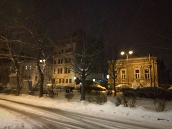 Street by building during winter at night