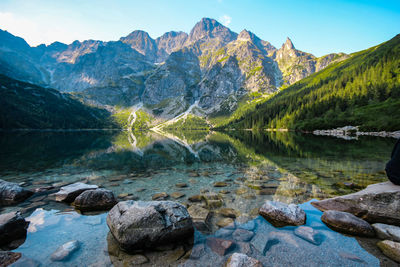 Scenic view of lake and mountains against sky