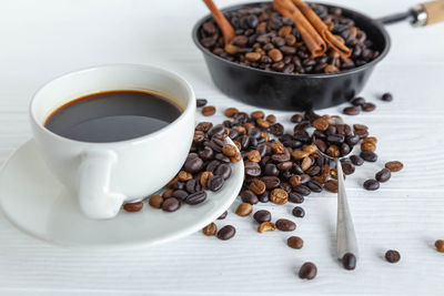 High angle view of coffee cup on table