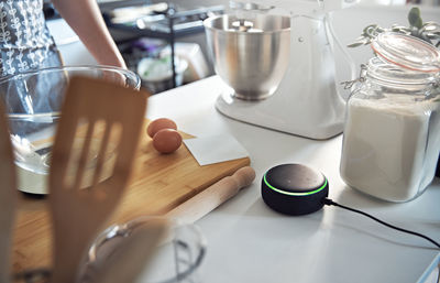 High angle view of breakfast on table