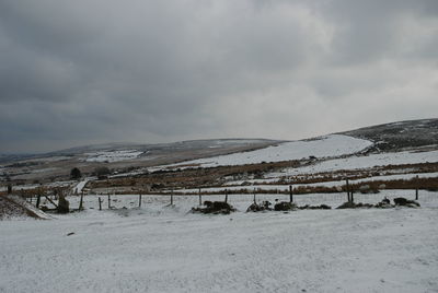 Scenic view of snowcapped field against sky