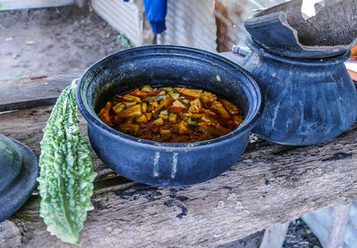 High angle view of vegetables in bowl on table