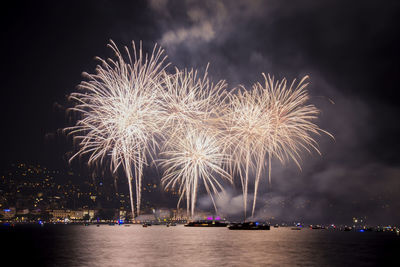 Firework display over lake against sky at night