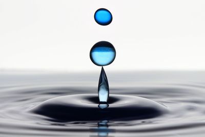 Close-up of droplets falling on water against white background