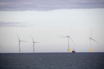 Wind turbines in sea against sky