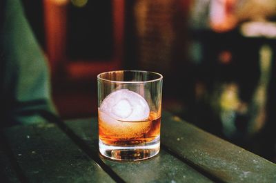 Close-up of beer in glass on table