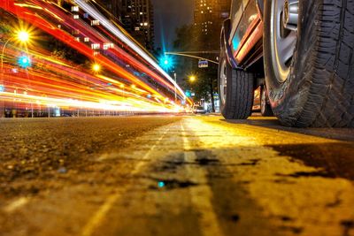 Light trails on road at night