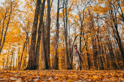Portrait of man standing in forest during autumn