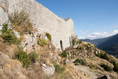 Scenic view of mountains against clear blue sky from the cathar castle of montsegur