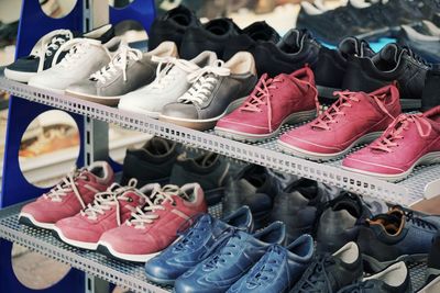 High angle view of shoes on shelves in store