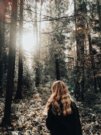 Rear view of woman standing by trees in forest