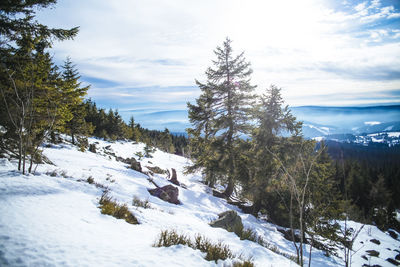 Scenic view of snow covered mountains against sky