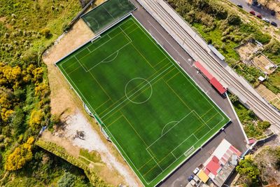 High angle view of soccer field