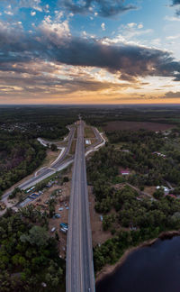 High angle view of highway in city against sky