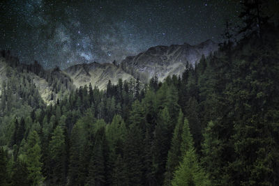 Scenic view of mountains against sky at night