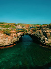 Scenic view of rock formations against clear blue sky