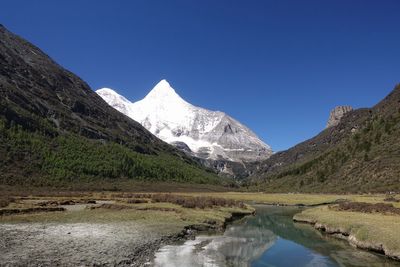 Scenic view of lake and mountains against clear sky