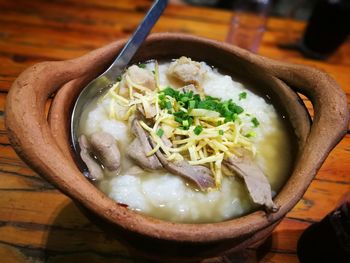 Close-up of soup in bowl on table