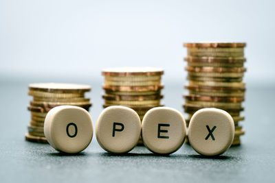 Close-up of coins on table