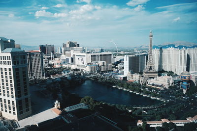 High angle view of buildings against sky in city