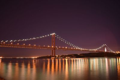 Low angle view of illuminated bridge over river against sky at night
