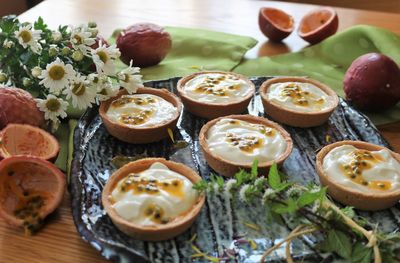 Close up of cream desserts on plate