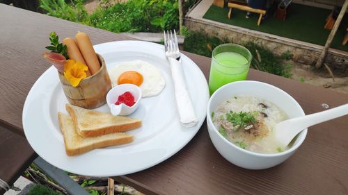 High angle view of breakfast served on table