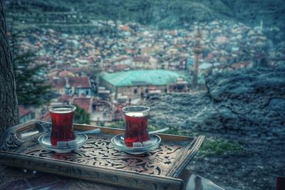 High angle view of drink on table