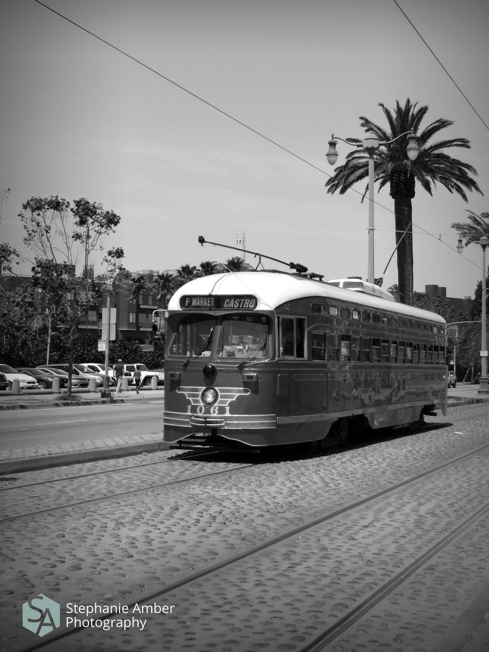 mode of transportation, transportation, public transportation, rail transportation, street, city, tree, railroad track, land vehicle, track, palm tree, sky, tropical climate, cable car, architecture, plant, incidental people, nature, train, day, outdoors