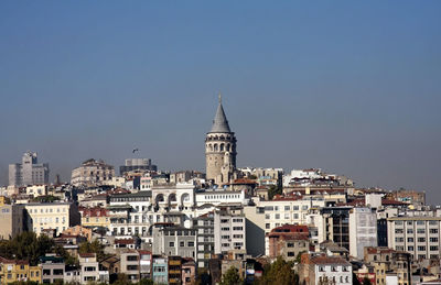 Buildings in city against clear sky