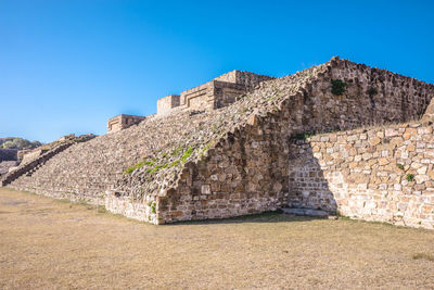 Low angle view of old ruin against blue sky