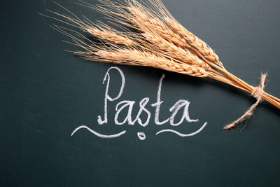 High angle view of text with ear of wheat on blackboard