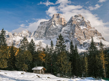 Scenic view of snow covered mountains against sky